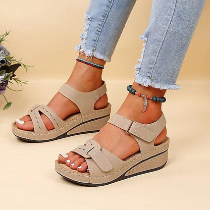 Women's Sandals Wedge Sandals Comfort Shoes Outdoor Daily Walking Summer Buckle Wedge Heel Open Toe Classic Casual PU Leather Polyester Ankle Strap Solid Color Black Red Orange