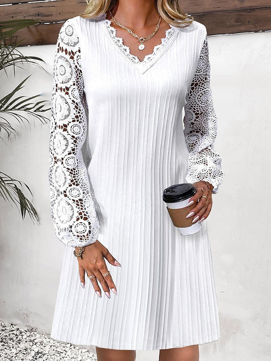 Women's Casual Dress Lace Dress White Dress Midi Dress Lace Ruched Outdoor Street Daily Active Fashion V Neck Long Sleeve  Regular Fit White Color S M L XL XXL Size