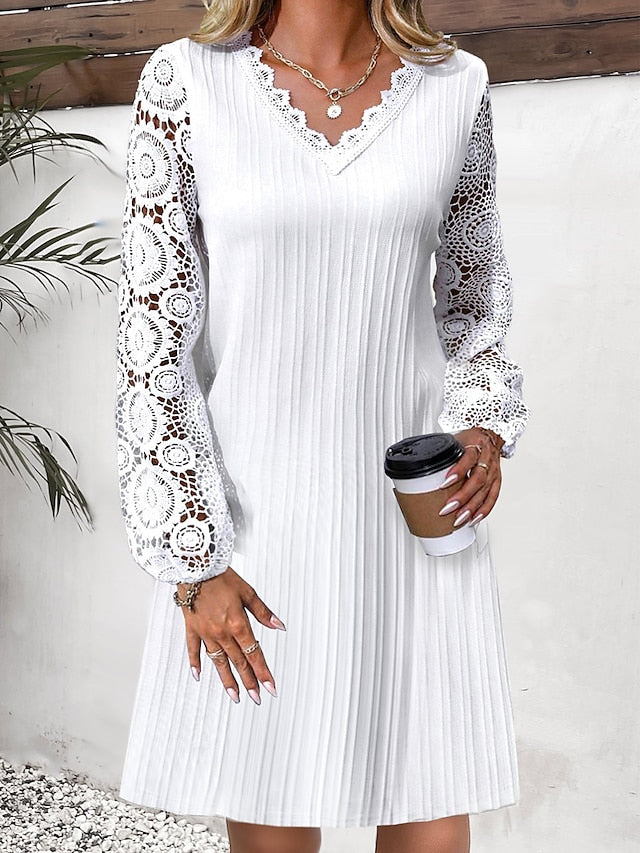 Women's Casual Dress Lace Dress White Dress Midi Dress Lace Ruched Outdoor Street Daily Active Fashion V Neck Long Sleeve  Regular Fit White Color S M L XL XXL Size