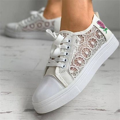 Women's Sneakers Canvas Shoes White Shoes Outdoor Daily Summer Flower Flat Heel Round Toe Casual Minimalism Walking Shoes Mesh Lace-up Embroidered White