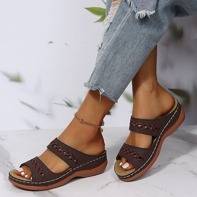 Women's Sandals Slippers Wedge Sandals Comfort Shoes Comfort Sandals Casual Daily Beach Summer Spring Cut Out Embroidery Wedge Heel Round Toe Casual Minimalism Synthetics Loafer Solid Colored Wine