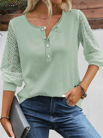 Women's Shirt Blouse Green Plain Lace Button Long Sleeve Casual Basic Round Neck Regular Fit Spring &  Fall