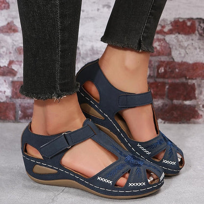 Women's Sandals Wedge Sandals Platform Sandals Outdoor Daily Beach Summer Embroidery Wedge Heel Round Toe Elegant Casual Minimalism Faux Leather Magic Tape Solid Color Black Blue Purple