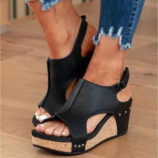 Women's Sandals Wedge Sandals Gladiator Sandals Roman Sandals Daily Summer Wedge Heel Peep Toe Vintage Casual Faux Leather Magic Tape Solid Color Dark Brown Black Light Grey