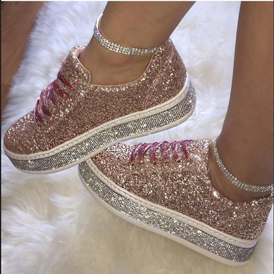 Women's Sneakers Pink Shoes Plus Size Fantasy Shoes Outdoor Daily Sparkling Glitter Platform Flat Heel Round Toe Fashion Sporty Casual Walking Shoes Glitter Loafer Color Block Silver Black Pink