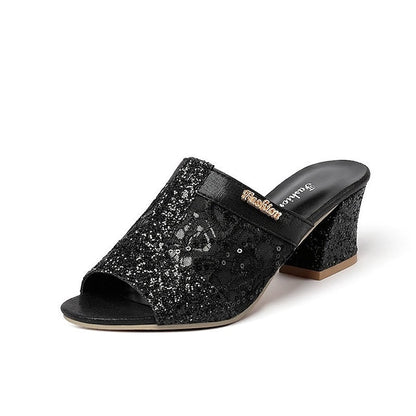 Women's Mules Heeled Mules Sparkly Sandals Party Daily Beach Summer Sequin Chunky Heel Open Toe Elegant Sexy Casual Lace Faux Leather Loafer Solid Color Solid Colored Black Silver Gold