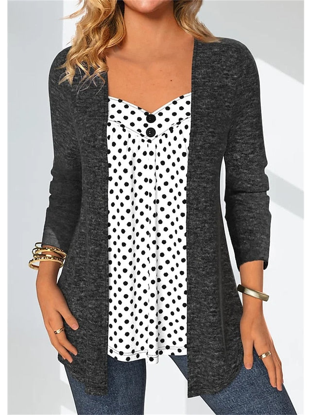 Women's Shirt Blouse Dark Gray Polka Dot Button Print Long Sleeve Casual Basic V Neck Regular Fit Spring &  Fall