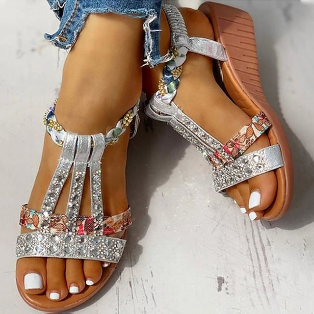 Women's Sandals Boho Bohemia Beach Wedge Sandals Party Daily Beach Summer Sparkling Glitter Wedge Heel Elegant Casual Sweet PU Leather Polyester Elastic Band Color Block Silver Dark Brown Black