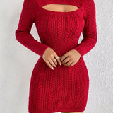 Lovwvol Cut Out Cable Knit Sweater Dress, Sexy Long Sleeve Bodycon Dress, Women's Clothing