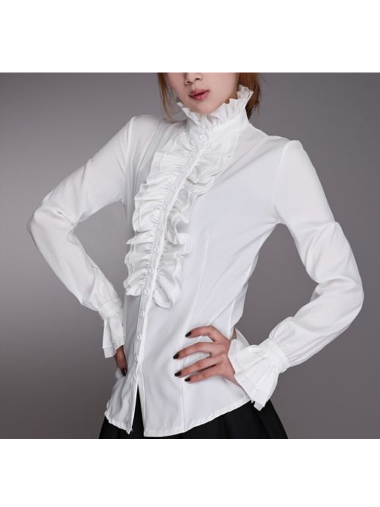 Lovwvol Fashion Victorian Womens Tops Ruffles Long Sleeve Frill Solid Color OL Office Shirt Frilly Cuffs High Neck Blouse Autumn Tops