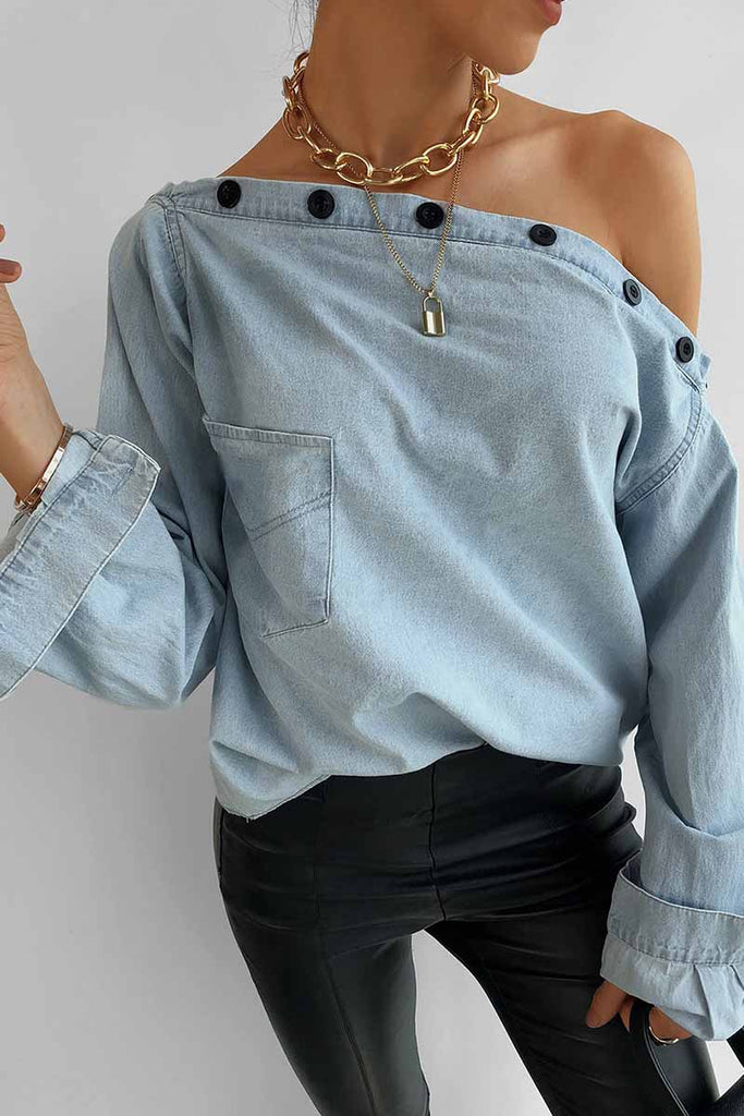Lovwvol - Spring Button-Neck Off-Shoulder Long-Sleeved Denim Shirt