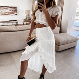 lovwvol Women Sexy V Neck Button Tops + Irregular Beach Skirts Outfits Summer Elegant Ruffle Embroidery Flower Lace Suits Two Piece Sets