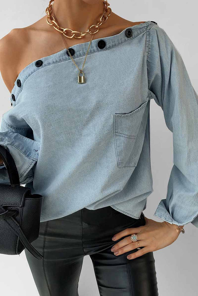 Lovwvol - Spring Button-Neck Off-Shoulder Long-Sleeved Denim Shirt