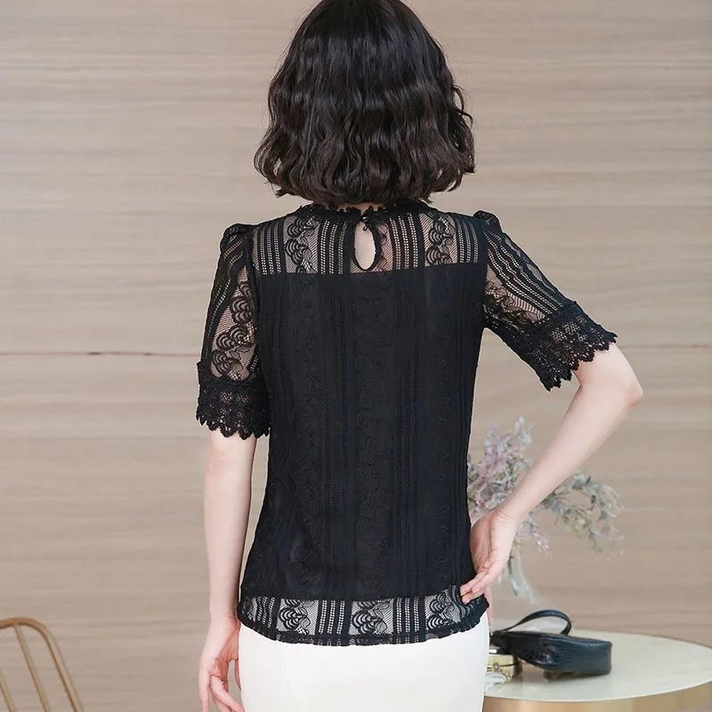 Lovwvol Spring Summer Elegant Temperament Shirt Women's O-neck Half Sleeve Lace Blouses Female Hollow Out Solid Color Tops Plus 5XL