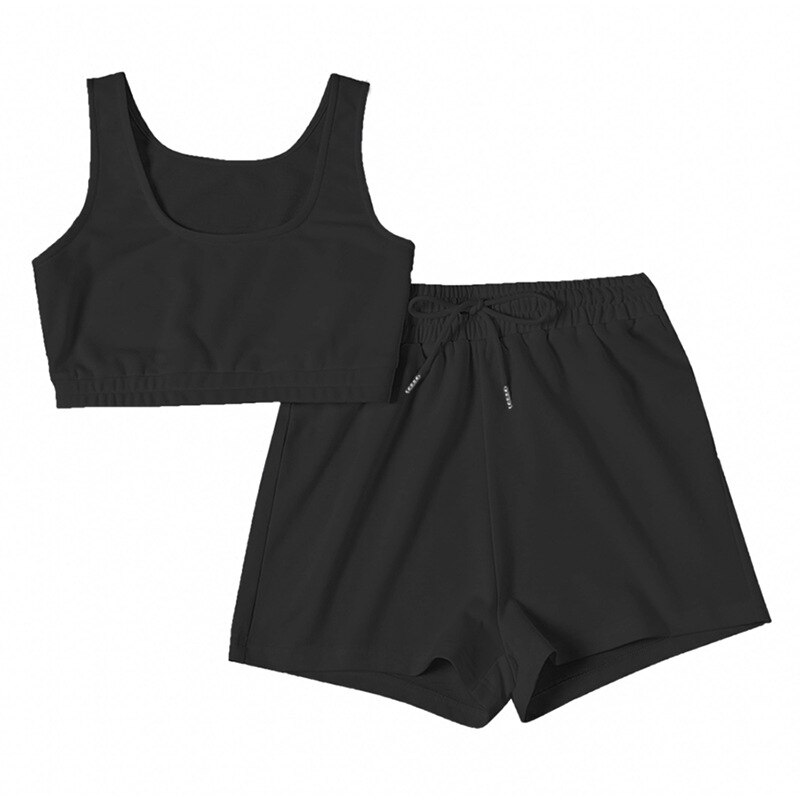 Lovwvol Casual Solid shorts sets Women Crop Top Two Piece And Drawstring Shorts Matching Sportswear Set Summer Athleisure Outfits