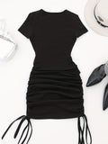 Lovwvol Drawstring Cut Out Bodycon Dress, Sexy Short Sleeve Ruched Dress For Summer, Women's Clothing