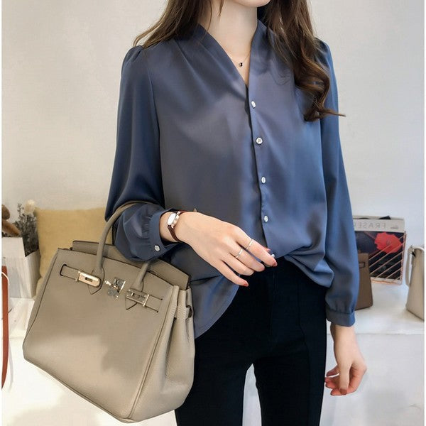 lovwvol autumn new women's clothing simple temperament solid color chiffon shirt women's long-sleeved top loose Korean style shirt