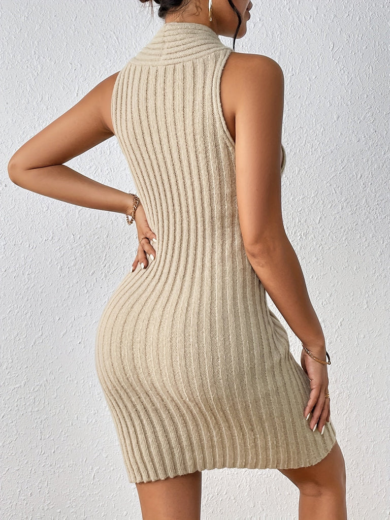 Lovwvol Solid Ribbed Sweater Dress, Sexy Cut Out Sleeveless Bodycon Dress, Women's Clothing