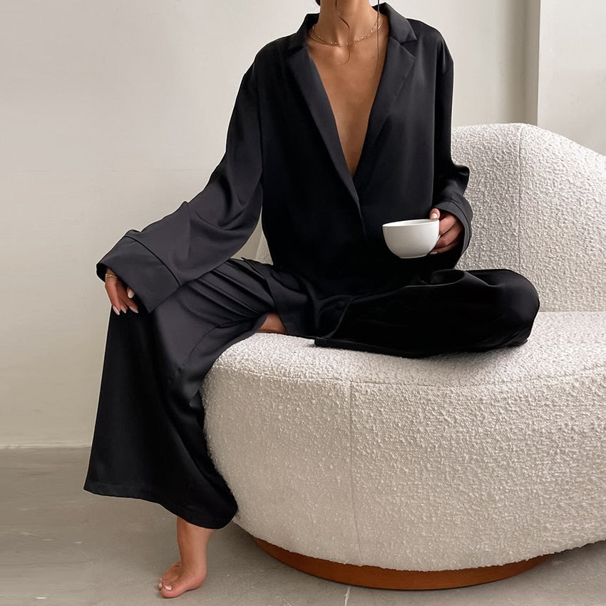Lovwvol Oversized Satin Silk Sleepwear Low Cut Sexy Pajamas For Women Single-Breasted Long Sleeves Wide Leg Pants Trouser Suits