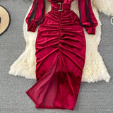 Lovwvol Autumn Winter Women Black/Red Draped Bodycon Midi Dress Vintage V-Neck Mesh Patchwork Long Sleeve High Waist Vestidos Valentines Party Prom Dress