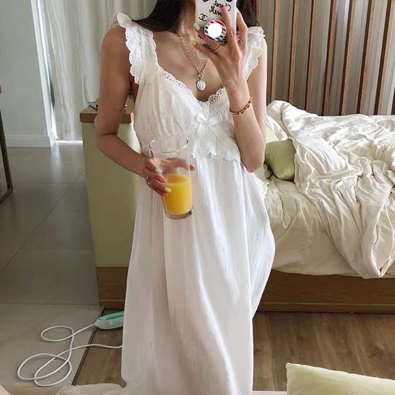 Lovwvol Summer Womens Princess Dress White Sleeveless Sleepshirts Vintage Lady Girls Nightgowns Nightdress Royal Style Pajamas Sleepwear