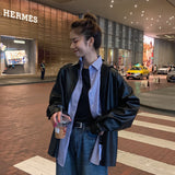 Lovwvol New Women oversized PU leather blouses Spring Autumn Black Faux Leather Basic Coat Turn-down Collar Motor Biker Jacket Winter Outfits Cold