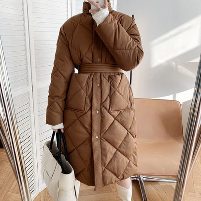 lovwvol  Winter New Korean Style Long Cotton-padded Coat Women's Casual Stand-up Collar Argyle Pattern Oversized Parka Chic Jacket