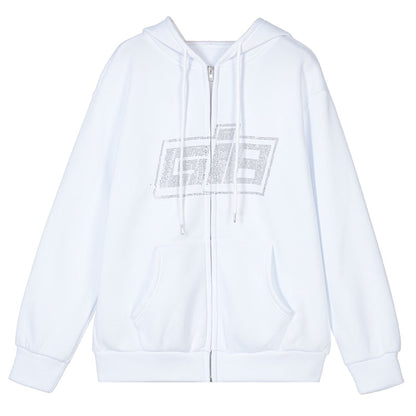 lovwvol  Oversized Butterfly Graphic Rhinestone Zip Up Hoodies Y2K Fashion E-girl 90s Streetwear Diamond Grey Long Jacket Autumn
