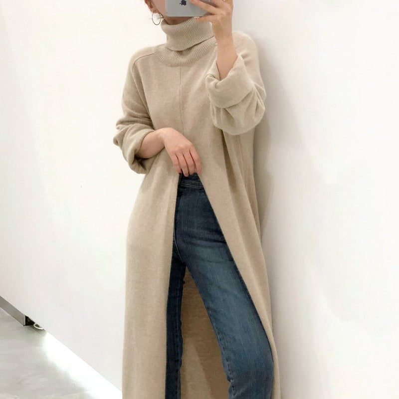 lovwvol  Korean Style Turtleneck Long fall winter Sweater Dress Side split Female Pullover mujer sueteres