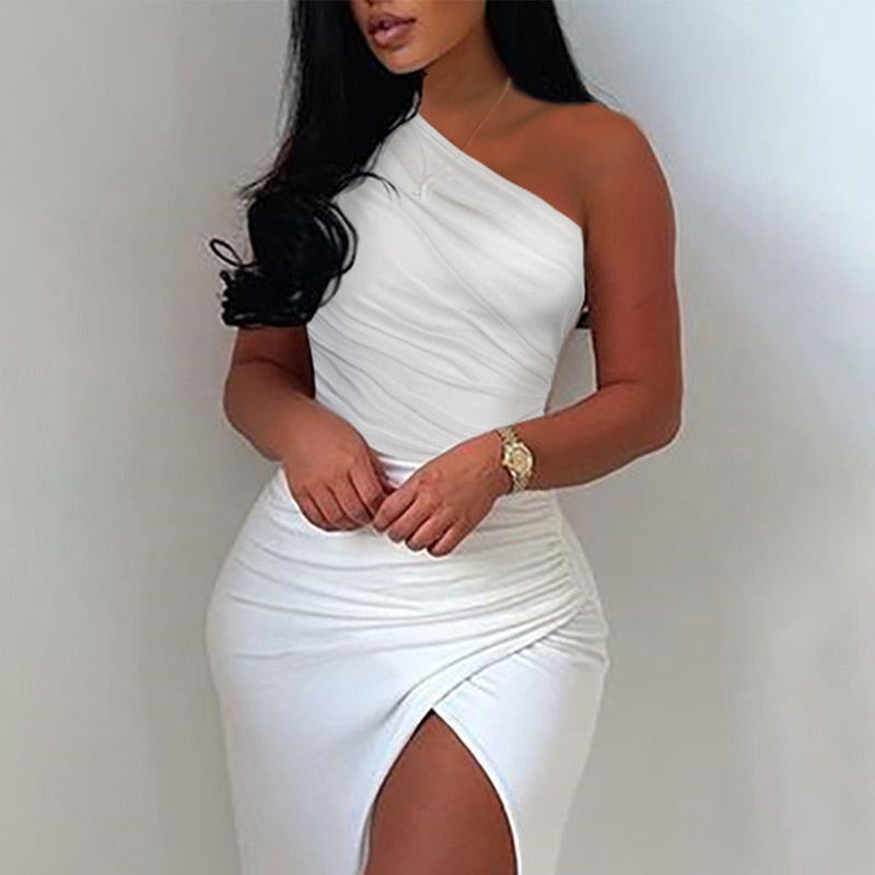 lovwvol Summer Elegant Solid One Shoulder High Split Thigh Ruched Maxi Floor Dress White Sexy Corset Asymmetric Party Robes Female