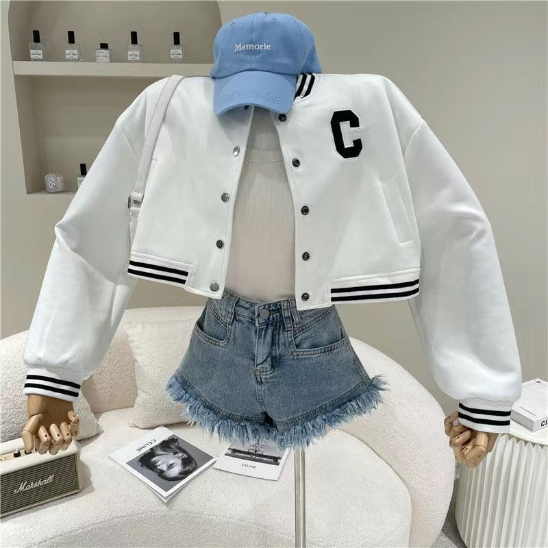 lovwvol  new baseball uniform white B letter Korean cardigan jacket short Harajuku jacket women's simple short jacket women's top
