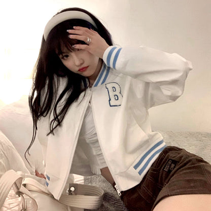 lovwvol  new baseball uniform white B letter Korean cardigan jacket short Harajuku jacket women's simple short jacket women's top
