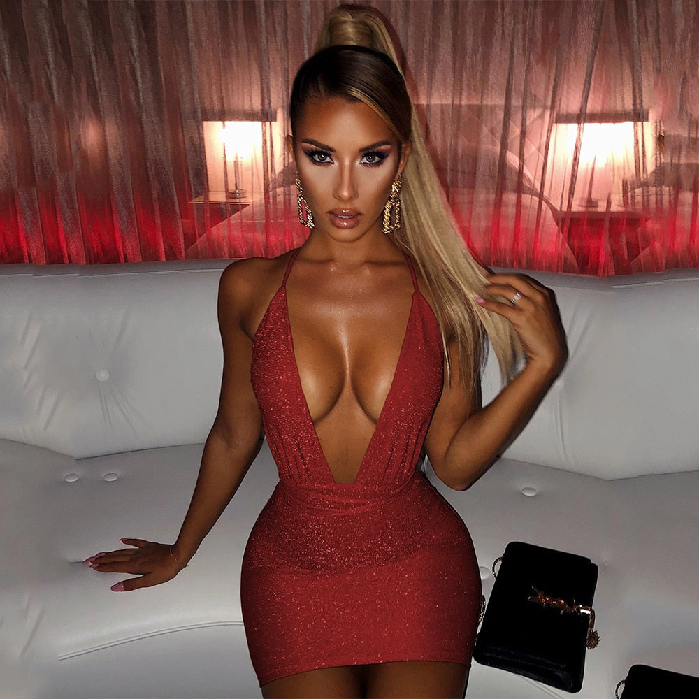 Lovwvol  Glitter Sequin Women Strap Mini Dress Deep V Neck Lace Up Bandage Backless Bodycon Sexy Party Club Autumn Winter Valentine's Day