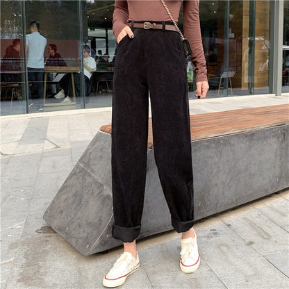 lovwvol Spring New Women's Casual Loose Corduroy Wide Leg Pants Fashion Full Length Trousers With Sashes Female Bottoms B01308O