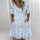 Lovwvol Casual Ruffles Loose V-Neck Dress Women Summer Short Sleeve Floral Print Woman Dress Fashion White Boho Beach Dresses 5XL Trendy Summer Fits