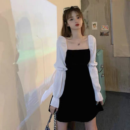 lovwvol  square neck tie waist dress Korean style high waist slim slim a-line halter skirt female summer dress plus size dress