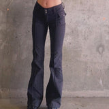 Lovwvol Indie Aesthetics Slim Low Waist Flare Pants E-girl Vintage Pockets Solid Y2K Pants Autumn 90s Fashion Black Trousers