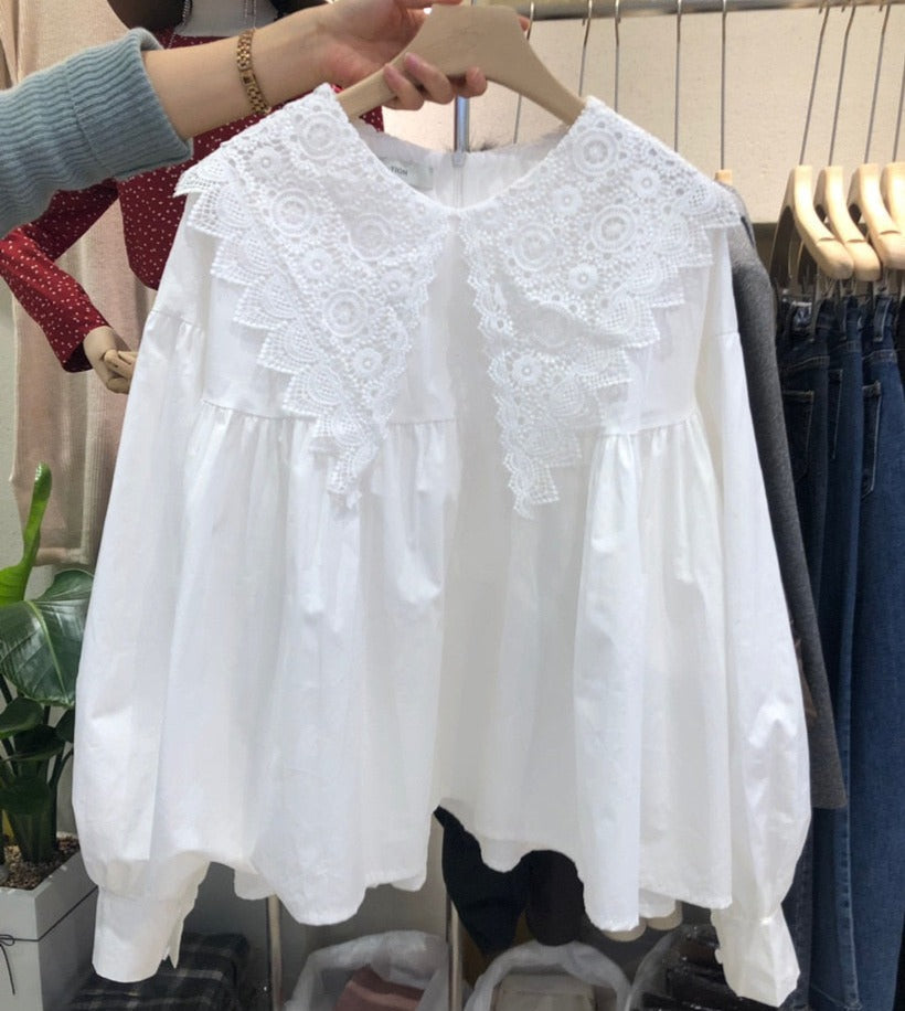 Lovwvol Korean Elegant Lace Patchwork Blouse Women Peter Pan Collar Pullover Long Sleeve Cute Blusas Solid Color Spring Shirt Chic Work Outfits Women