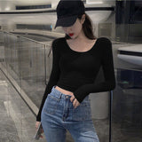 Woman TShirts Top Women's Tight Low-Necked Sexy Short Slim Long Sleeve T-shirt Crop Top Mujer Camisetas
