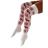 Lovwvol Christmas Women Knitted Cotton Woolen Stocking Warm Thigh High Over the Knee Cute Deer Printing Socks Twist Cable Crochet