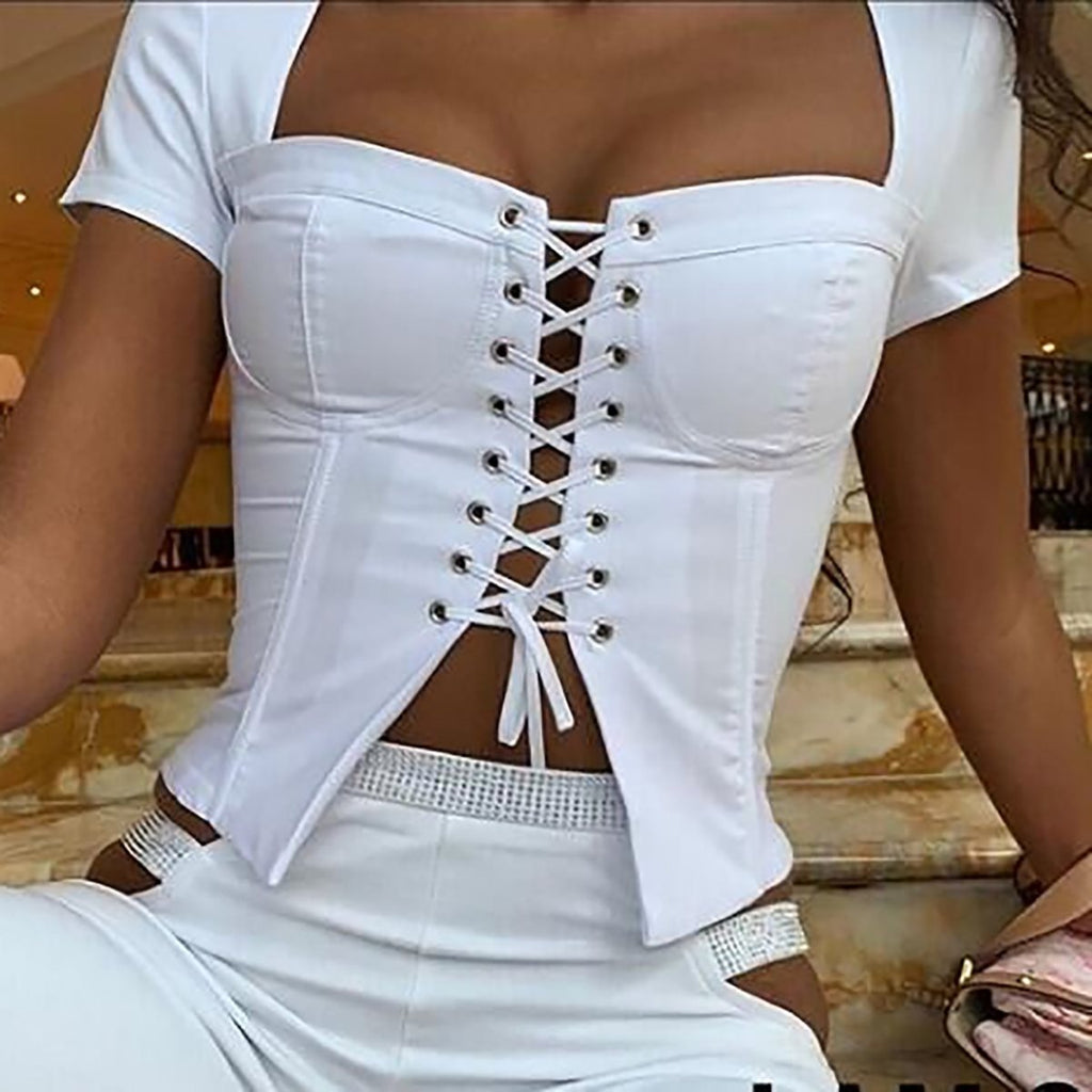 Lovwvol Summer Sexy Chic Fashion Square Collar Lace Up Top and Blouse for Women Short Sleeve Top Blouses Elegant Vintage Hot Fashion Outfits Summer