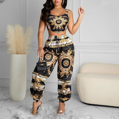 lovwvol  Summer Women Black Clubwear Two Piece Suit Sets Sleeveless Scarf Print Crop Top &amp; High Waist Casual Long Pants Set