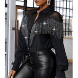 Lovwvol Women Patchwork Lapel Button Shirts Fashion Long Sleeve Black Blouse Elegant Office Sequin Shiny Tassel Streetwear Casual Bluse
