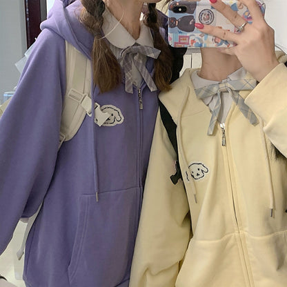 lovwvol  New Japanese Tops Hoodie Women's Kawaii Puppy Embroidered Sweatshirt Cardigan Loose Plus Velvet Jacket Girl Girlfriend Top