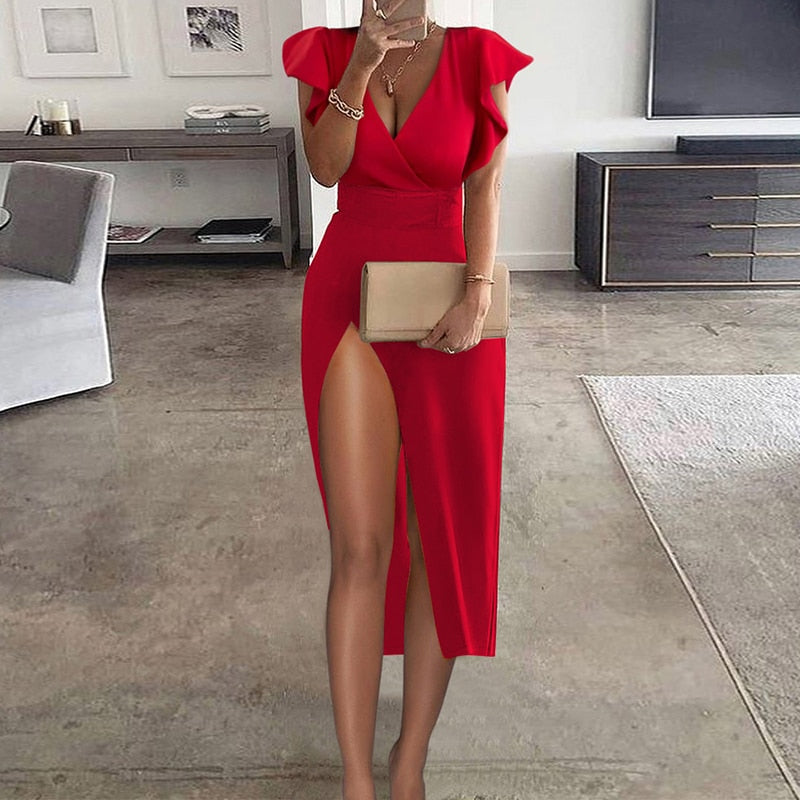Lovwvol Women Fashion Solid Deeep V High Slit Dress Women Sexy Slim Fit Beaded Strap Bodycon Party Dress Going Out Outfits