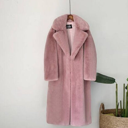 lovwvol  New Women Winter Warm Faux Fur Coat Thick Women Long Coat Turn Down Collar Women Warm Coat With Belt Casaco Feminino