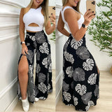 Lovwvol Summer Suit Women Solid Cut-out Tank Top & Tropical Print Split Wide Leg Pants Set