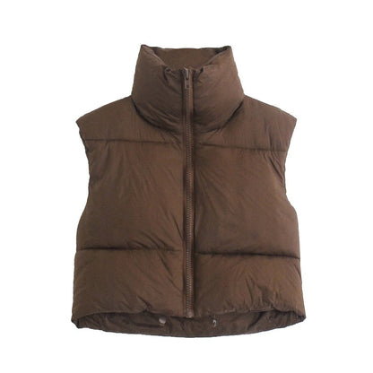lovwvol  Women Fashion Brown Cropped Vest Coat Female Stand Collar Zipper Waistcoat Ladies Casual Outerwear