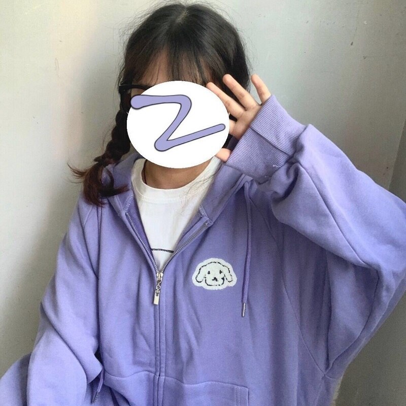 lovwvol  New Japanese Tops Hoodie Women's Kawaii Puppy Embroidered Sweatshirt Cardigan Loose Plus Velvet Jacket Girl Girlfriend Top