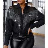 Lovwvol Women Patchwork Lapel Button Shirts Fashion Long Sleeve Black Blouse Elegant Office Sequin Shiny Tassel Streetwear Casual Bluse